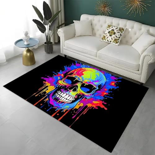 LOMDEM Gothic Skull Flanellteppich Lila Schwarz Neon Death Skull Horror Gaming Teppich für Jungen Jugendzimmer Spielzimmer Deko Accessoires Coole Jugendzimmer Fußmatte Anti-Rutsch (Yellow,100x120 cm) von LOMDEM