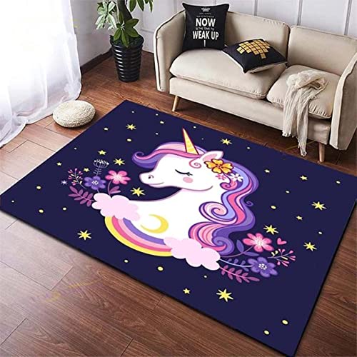 LOMDEM Kinderzimmerteppich Wohnzimmer Regenbogen Einhorn Kinderteppiche Teppich Kinder Schlafzimmer Schwarz Rosa Teppich Mond Blumen Einhorn Teppich für Schlafzimmer Spielzimmer (Farbe 2,100x150 cm) von LOMDEM