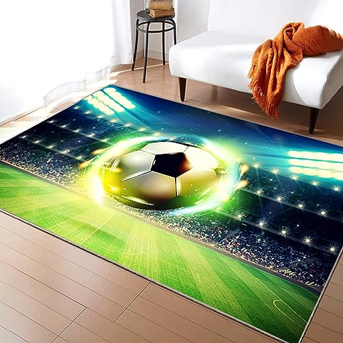 LOMDEM Kreative Fußball Teppich, Home Decor Bereich Teppiche für Wohnzimmer Schlafzimmer Jungen Flamme Fußball Schlafzimmer Teppich Blau Grün Orange Teppich für Kinderzimmer (Farbe 1,100x150 cm) von LOMDEM