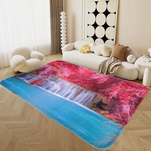 LOMDEM Moderner Dekorativer Flanell-Teppich mit Landschaftsmotiv Grün Waldbach Wasserfalllandschaft Großer Teppich für Wohnzimmer Schlafzimmer Arbeitszimmer rutschfeste Badematte (Color 2,80x160 cm) von LOMDEM