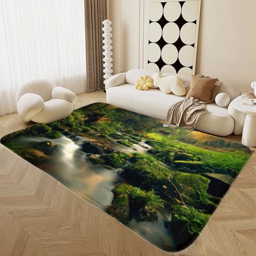 LOMDEM Moderner Dekorativer Flanell-Teppich mit Landschaftsmotiv Grün Waldbach Wasserfalllandschaft Großer Teppich für Wohnzimmer Schlafzimmer Arbeitszimmer rutschfeste Badematte (Color 3,160x200 cm) von LOMDEM