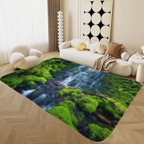 LOMDEM Moderner Dekorativer Flanell-Teppich mit Landschaftsmotiv Grün Waldbach Wasserfalllandschaft Großer Teppich für Wohnzimmer Schlafzimmer Arbeitszimmer rutschfeste Badematte (Color 5,140x200 cm) von LOMDEM
