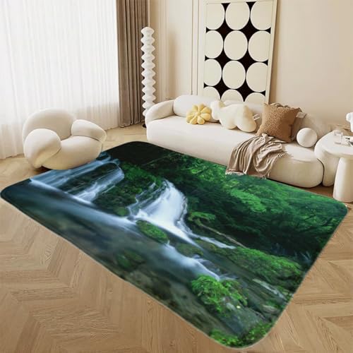 LOMDEM Moderner Dekorativer Flanell-Teppich mit Landschaftsmotiv Grün Waldbach Wasserfalllandschaft Großer Teppich für Wohnzimmer Schlafzimmer Arbeitszimmer rutschfeste Badematte (Color 6,100x200 cm) von LOMDEM
