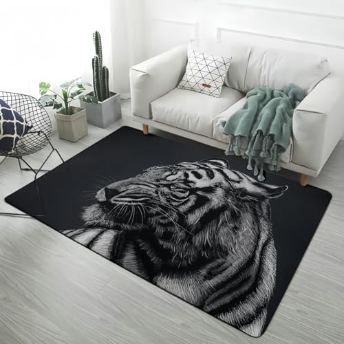 LOMDEM Moderner Teppich Schwarz Grau Tier Löwe Tiger Leopard 3D Flanell Schwamm Bereich Teppich, Heimdeko für Wohnzimmer Schlafzimmer Arbeitszimmer Badezimmer rutschfest (Color 6,140x200 cm) von LOMDEM