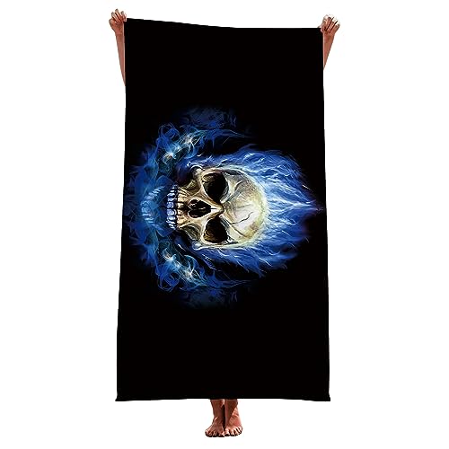 LOMDEM Schwarz Grau Mikrofaser Handtuch Strandtuch Skull Thema XL XXL Trockene Geschwindigkeit Badetuch Blume Tod Skull Flamme Goth Style Cool Sport Herren Teenager Beach Towel (Farbe 1,150x200 cm) von LOMDEM