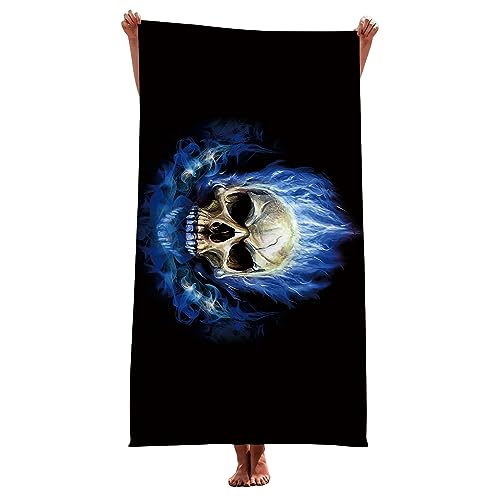 LOMDEM Schwarz Grau Mikrofaser Handtuch Strandtuch Skull Thema XL XXL Trockene Geschwindigkeit Badetuch Blume Tod Skull Flamme Goth Style Cool Sport Herren Teenager Beach Towel (Farbe 1,75x150 cm) von LOMDEM