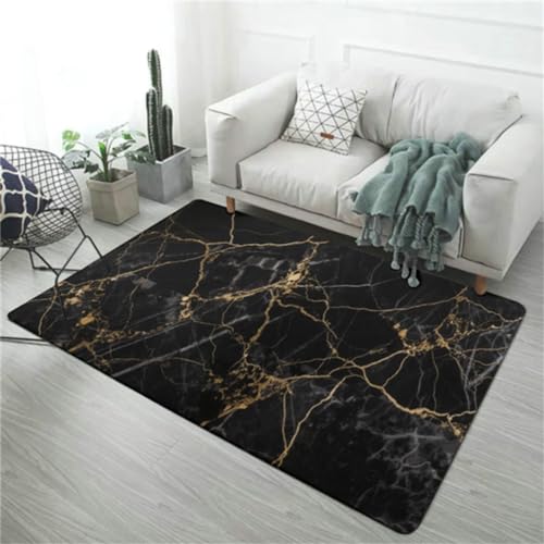 Marmor Print Area Rugs, Teppiche für Wohnzimmer Weiß Grau Schwarz Gold Marmor Indoor Teppiche Geometrisch Vergoldet Teppiche für Sofa Flur Küche Bad Läufer Fußmatte (Schwarz Gold,80x120 cm) von LOMDEM