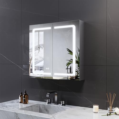 LOMIKEN LED-Badezimmerspiegelschrank mit Steckdose,65 x65x13cm, Badspiegelschrank mit LED 3farbtemperatur, Antibeschlag,Spiegelschrank Bad mit Ablageflächen, Doppeltüriger, Smart berührung Schalter von LOMIKEN