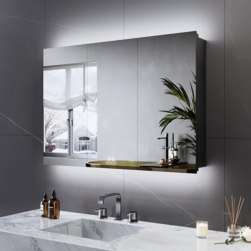 LOMIKEN Spiegelschrank Bad mit Beleuchtung,100 x 60 x 13 cm Spiegelschrank Bad mit Steckdose Badezimmerschrank mit LED und Touch Sensor, Antibeschlag, 3 farbtemperatur, Stufenlos Dimmbar Mattschwarz von LOMIKEN