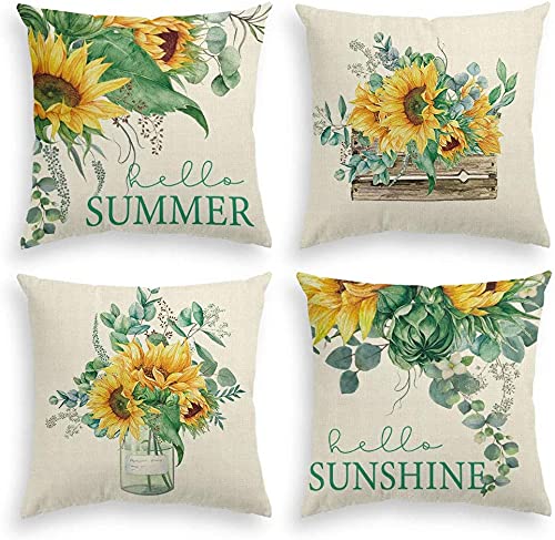 LOMOHOO Summer Pillow Covers 18x18 Set of 4 Farmhouse Outdoor Decor Pilowcase Daisy Bloom Floral Blue Pillows Decorative Throw Pillows Home Decorations (45x45cm, Sunflower) von LOMOHOO