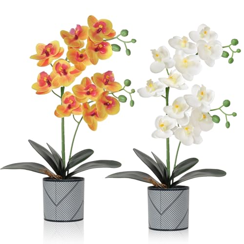 LOMOHOO Künstliche Orchideenblumen,2 Stück eingetopfte Orchideenblüten Gefälschte Orchideen mit Plastikvase für Tischdekoration Wohnkultur Büro Hochzeitsfeier Dekoration (Gelb & Weiß) von LOMOHOO