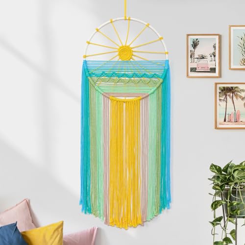 LOMOHOO Makramee Wandbehang, 30x70cm Makramee Traumfänger Boho Deko Makramee Wandteppich, Boho Wanddeko mit Sonnenmuster, Regenbogen Makramee Deko für Wohnzimmer Schlafzimmer Kinderzimmer Balkon von LOMOHOO