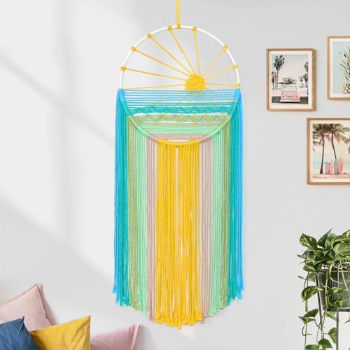 LOMOHOO Makramee Wandbehang, 30x70cm Makramee Traumfänger Boho Deko Makramee Wandteppich, Boho Wanddeko mit Sonnenmuster, Regenbogen Makramee Deko für Wohnzimmer Schlafzimmer Kinderzimmer Balkon von LOMOHOO