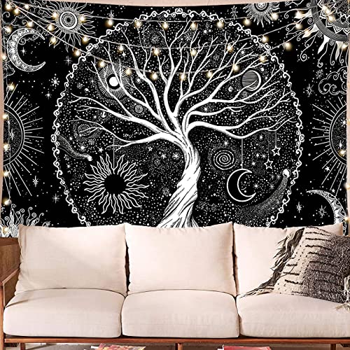 LOMOHOO Baum des Lebens Tapisserie Schwarz-Weiß-Sonne-Mond-Wandteppich Galaxy Space Tapisserie Schwarzer ästhetischer Tapisserie-Wandbehang für Schlafzimmer M/130cmx150cm von LOMOHOO