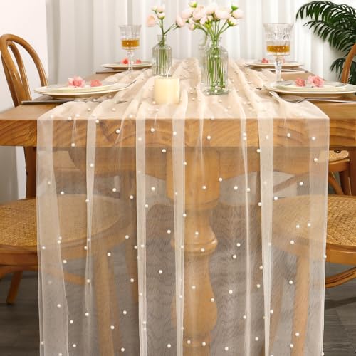 LOMOHOO Tischläufer Beige 75x300cm Tischläufers Hochzeit with Perlen mit Tüll, Käsetuch Tischdecke Spitze Perlen Tüll Stoff Tischband für Hochzeit Brautparty Geburtstage Party Küche Tisch Dekoration von LOMOHOO