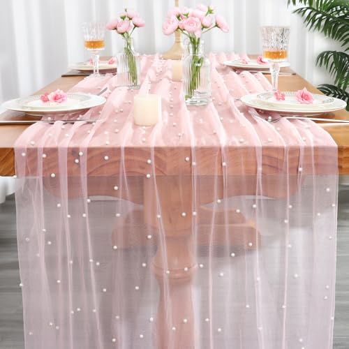 LOMOHOO Tischläufer Rosa 75x300cm Tischläufers Hochzeit with Perlen mit Tüll, Käsetuch Tischdecke Spitze Perlen Tüll Stoff Tischband für Hochzeit Brautparty Geburtstage Party Küche Tisch Dekoration von LOMOHOO