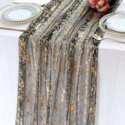 LOMOHOO Tischläufer Schwarz Gold 70X300cm Tischläufer Gold Tischdeko Hochzeit mit Goldfolie,Glänzend Boho Tischläufers Geburtstag, Tischläufers Deko Goldene Hochzeit Party Taufe Mädchen von LOMOHOO