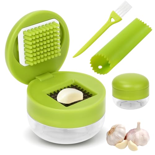 Knoblauchpresse Set aus Edelstahl, mit Silikon-Knoblauchschäler und Reinigungsbürste, Edelstahlklingen in Lebensmittelqualität, für Zerkleinerten Knoblauch, Ingwer und Obst von LOMUG