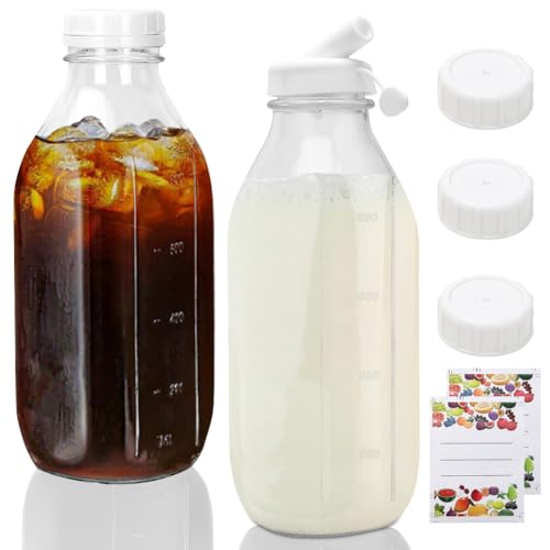 LOMUG 2er Set Glasflaschen mit Deckel 1 Liter - 2 Silikontüllen, 3 Verschlusskappen，Milchflaschen mit Schraubverschluss Saftflaschen zum Befüllen Smoothie Flasche Kombucha Glas von LOMUG