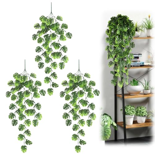 LOMUG 3 Stück Hängepflanze Künstlich, 77cm Künstliche Hängepflanzen, Kunstpflanze Hängend, Monstera Efeu Künstliche Pflanzen für Hängekörbe, Wohnzimmer, Schlafzimmer und Hochzeit Deko von LOMUG