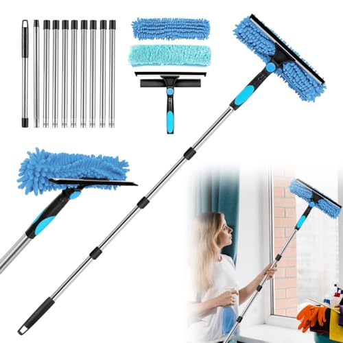 LOMUG 4,5M Teleskop Fensterwischer Abzieher Set, 2-in-1 Fensterreiniger Set mit 10 Verlängerungsstangen, Ausziehbarer Fensterwischer mit Mikrofaserschrubber, für Bad Dusche Glas Spiegel (Blau) von LOMUG