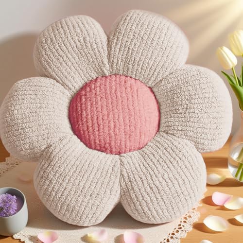 LOMUG 40cm Blumenkissen, Blumengestalt Zierkissen, Plüsch Bodenkissen für Sofa & Bett Kinderzimmer, Mädchen Dekoratives Gänseblümchen Design Wohnkissen (Weiß) von LOMUG