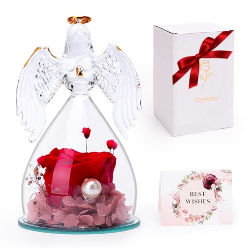 LOMUG Ewige Rose in Engel Glaskuppel, Ewige Blume in Engel Figur, Konservierte Blumen, Glaskuppel-Engelsstatue, Geschenk für Mama, Frau,Freundin, Frauen, Weihnachten Geschenke von LOMUG