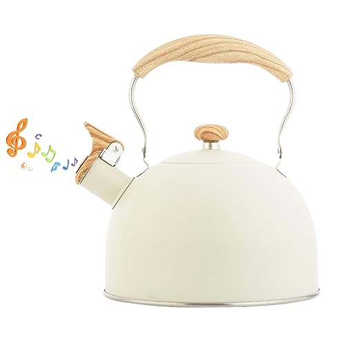 LOMUG Flötenkessel Wasserkessel, 2,5L Edelstahl Pfeifkessel mit Holzgriff Wasserkessel Camping Retro Design Whistling Teekessel Induktion Pfeifender Kessel für Küche Outdoor Gasherd Kaminofen Holzofen von LOMUG