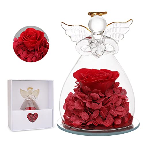 LOMUG Geschenke für Mama, Ewige Rose im Glas, Engel Ewige Blume, Forever Rose in Engelsfigur aus Glas für Muttertag, Frau,Oma,Freundin, Geburtstag, Valentinstag Hauptdekor（Rot） von LOMUG