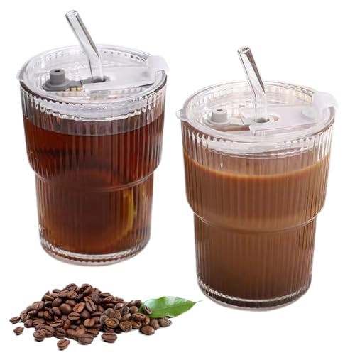 LOMUG Glasbecher mit Deckel und Strohhalm, 2 Stück 400ml Glas Smoothie Becher mit Strohhalm, Luftdicht Wasserdicht Design Glasbecher Set, Glas Smoothie Becher für Latte Tee Iced Americano Milch Saft von LOMUG