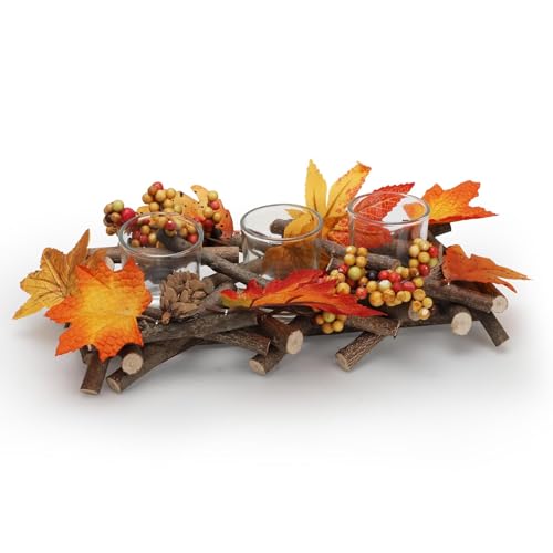 LOMUG Kerzenhalter Herbstdeko Holz, Handgefertigt mit 3 Glas-Teelichthaltern, Herbst Tischdeko für Wohnzimmer, Esstisch & Fensterbank, Rustikal Landhausstil, Gemütliche Innen-Deko, Fall Dekoration LOMUG Kerzenhalter Herbstdeko Holz, Handgefertigt mit 3 Glas-Teelichthaltern, Herbst Tischdeko für Wohnzimmer, Esstisch & Fensterbank, Rustikal Landhausstil, Gemütliche Innen-Deko, Fall Dekoration von LOMUG