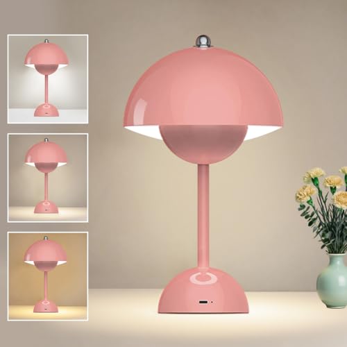 LOMUG LED Flowerpot Tischlampe, Pilzlampen Tischlampe, Kabellos Tischleuchte Touch Dimmbar Pilz Lampe mit 3 Helligkeitsmodi für Schlafzimmer Wohnzimmer Büro Bars (Rosa) von LOMUG