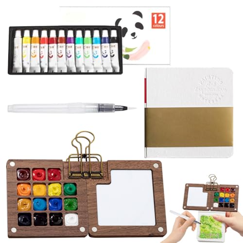 LOMUG Pocket Aquarell Travel Set, Mini Pocket-Aquarellset mit 15 Grids Tragbare Palette, Klein Zeichenbuch, Aquarellpinsel Stifte, 12 Aquarellfarben Reiseset für Anfänger und Profis von LOMUG