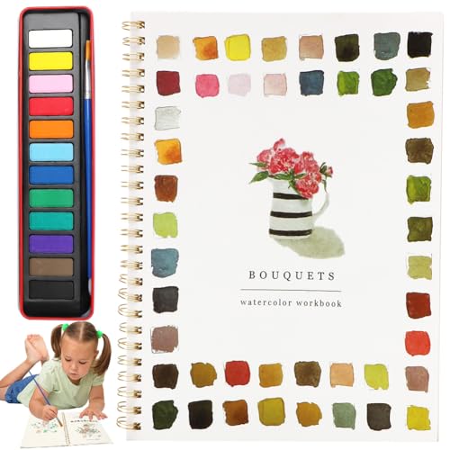 LOMUG Wasserfarben Malbuch, Aquarell Arbeitsbuch Set mit Aquarellfarben 12 Farben, Wassermalbuch für Anfänger, DIY, Kunst, Handwerk, Malzubehör, Bastelset für Kinder Erwachsene Teenager (Rosa Blumen) von LOMUG