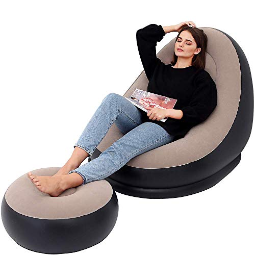 LONEEDY Aufblasbares Lounge Freizeit-Sofa/-Stuhl und Fußhocker, zusammenklappbar, für den Außenbereich, beflockt（ Braun） von LONEEDY