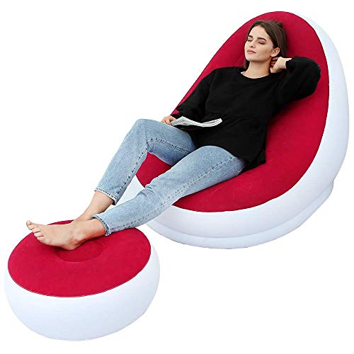 LONEEDY Aufblasbares Freizeit-Sofa/-Stuhl und Fußhocker, zusammenklappbar, für den Außenbereich, beflockt（ Rot） von LONEEDY