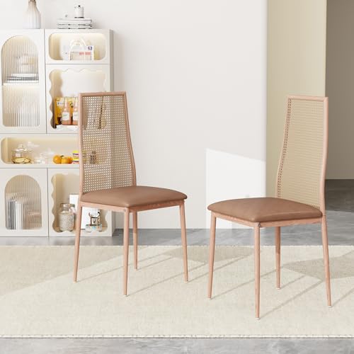 LONELYO 2er Set Esszimmerstühle mit hoher Rückenlehne – Rattanstuhl im Retro-Stil – Ergonomischer Stuhl mit verstellbaren Füßen – Holzfarbe & Natur von LONELYO