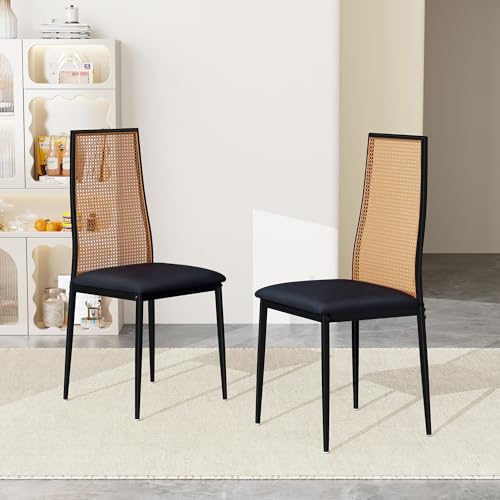 LONELYO 2er Set Esszimmerstühle mit hoher Rückenlehne – Rattanstuhl im Retro-Stil – Ergonomischer Stuhl mit verstellbaren Füßen – Schwarz & Natur von LONELYO
