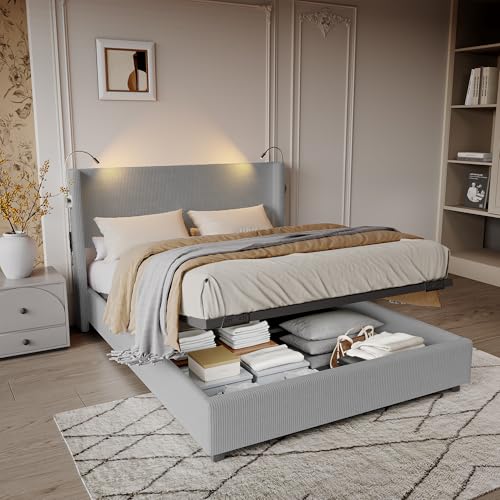 LONELYO Bett 140 x 200 cm, Bettgestell 140 x 200 cm, Nachttischlampe mit Ladeanschluss, Bettkasten 140 x 200 cm, Cordsamt, Grau, moderner Stil LONELYO Bett 140 x 200 cm, Bettgestell 140 x 200 cm, Nachttischlampe mit Ladeanschluss, Bettkasten 140 x 200 cm, Cordsamt, Grau, moderner Stil von LONELYO