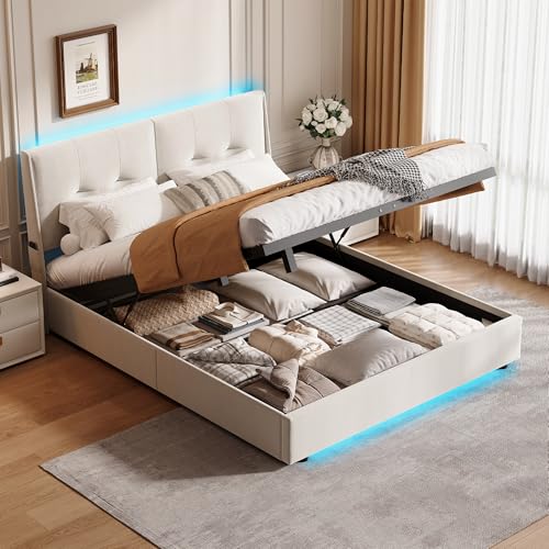 LONELYO Bett 140 x 200 cm mit Lattenrost, gepolstertem Kopfteil und LED-Beleuchtung – Doppelbett Beige aus Leinen mit Stauraum unter dem Bett und USB-Anschlüssen für Erwachsene (140 x 200 cm) von LONELYO