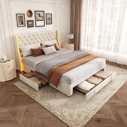 LONELYO Bett 140 x 200 cm mit Lattenrost und LED-Beleuchtung, Doppelbett aus Velours, Beige, mit 3 Schubladen aus Metall und praktischer Aufbewahrung (140 x 200 cm) von LONELYO