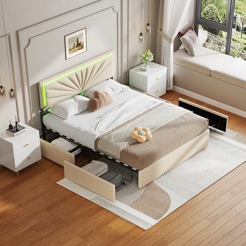 LONELYO Bett 160 x 200 cm mit Lattenrost, Bett mit LED-Beleuchtung und 4 Aufbewahrungsfächern, Lattenrost, für Jugendliche (160 x 200 cm) von LONELYO