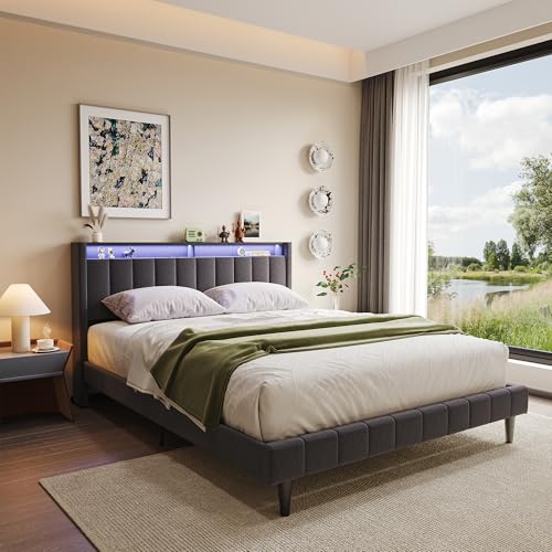 LONELYO Bett 160 x 200 cm mit Lattenrost, Doppelbett 160 × 200 cm, mit LED und USB, Stauraum, Lattenrost, gepolstertes Kopfteil von LONELYO