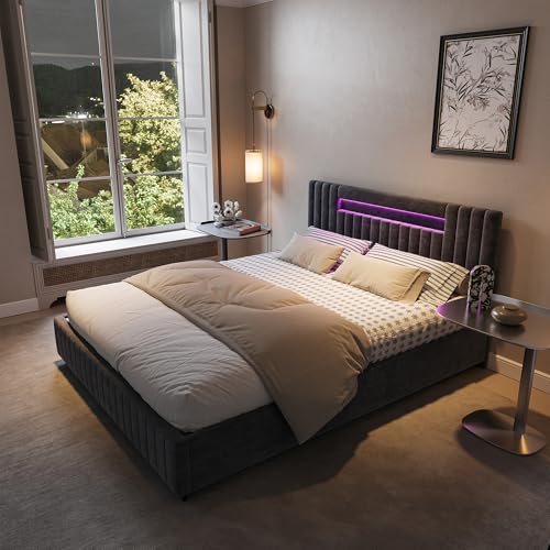 LONELYO Bett 160x200 mit LED Beleuchtung & Bettkasten – Polsterbett aus Samt mit Stauraum & App-Steuerung, Kopfteil mit Ablage, modernes Jugendbett (160x200) von LONELYO