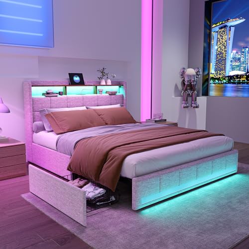 LONELYO Bett 140x200 mit Lattenrost, Doppelbett mit Stauraum, Polsterbett 140x200cm, LED-Beleuchtung, 4 Schubladen, USB- und Typ-C-Anschlüsse, Beiger Stoff, modernes Stauraumbett von LONELYO