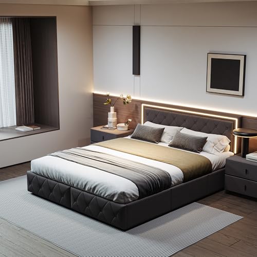 LONELYO Bett mit Bettkasten, 160 x 200 cm mit Lattenrost, Doppelbett mit 4 Schubladen und LED, Kopfteil und LED-Beleuchtung, Lattenrost 160 x 200 cm, Leinen (Grau, 160 x 200 cm) von LONELYO