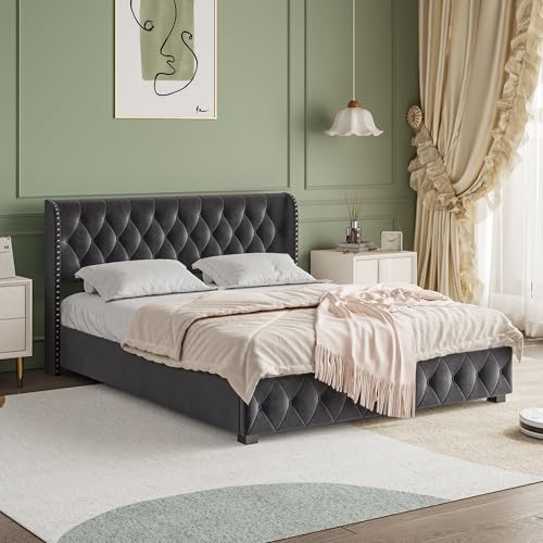 LONELYO Bett mit Bettkasten, 180 x 200 cm, mit Lattenrost, Velours, dunkelgrau, mit gepolstertem Kopfteil und Stauraum unter dem Gasbett (180 x 200 cm) von LONELYO