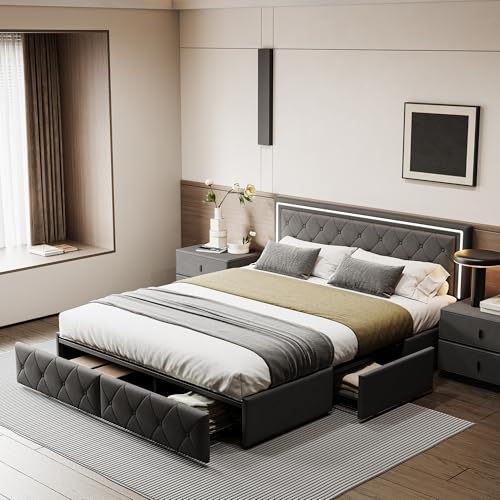 LONELYO Bett mit Bettkasten 140 x 200 cm mit Lattenrost, Doppelbett mit 4 Schubladen zur Aufbewahrung und LED, Kopfteil und LED-Beleuchtung, Lattenrost 140 x 200 cm, Leinen (Grau, 140 x 200 cm) von LONELYO