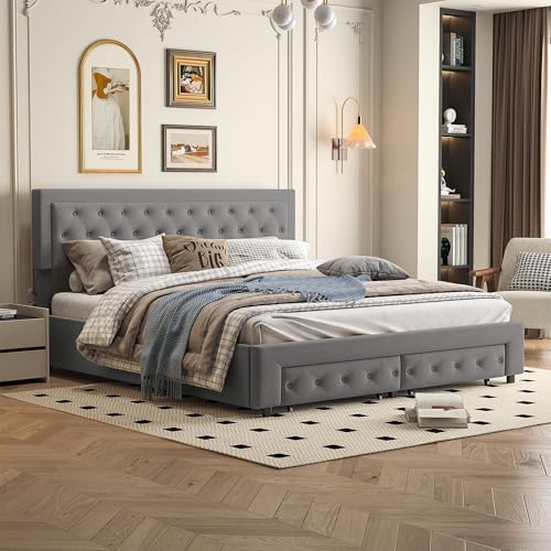 LONELYO Doppelbett, 160 x 200 cm, aus grauem Velours, mit gepolstertem Kopfteil und großer Schublade zur Aufbewahrung mit Gas LONELYO Doppelbett, 160 x 200 cm, aus grauem Velours, mit gepolstertem Kopfteil und großer Schublade zur Aufbewahrung mit Gas von LONELYO