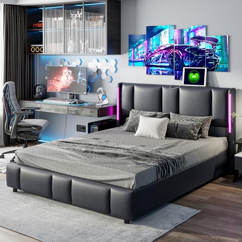 LONELYO Doppelbett 140 x 200 cm, großer Stauraum, mit intelligentem LED-Licht, mit USB- und Typ-C-Schnittstelle, Kunstleder, Schwarz, leicht zu reinigen (140 x 200 cm) von LONELYO